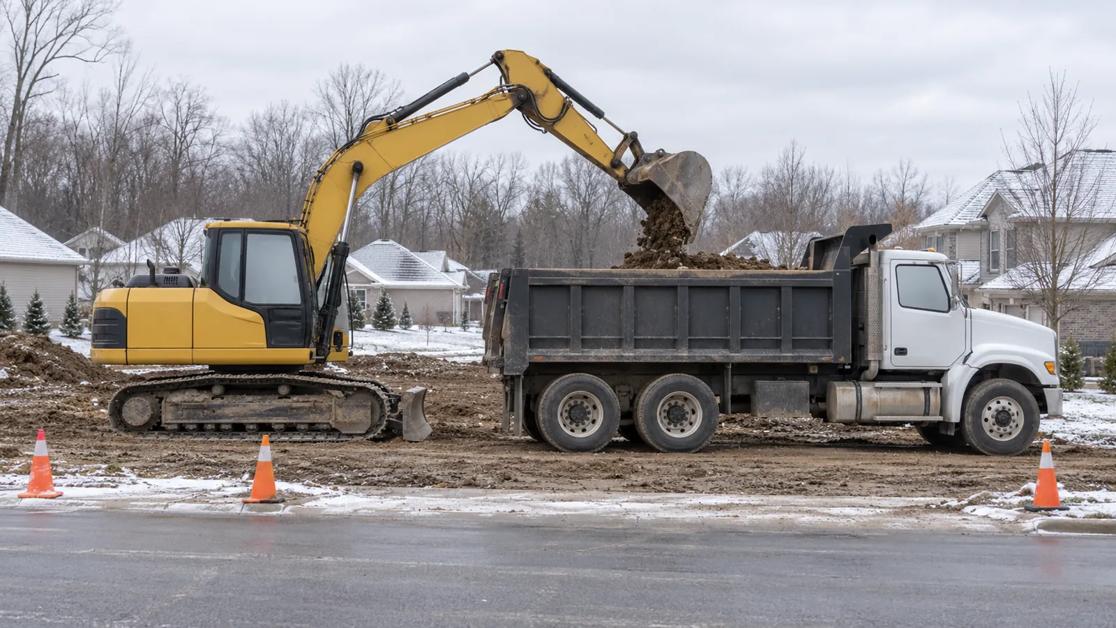 Excavator loading excavated soil into a plain dump truck beside a residential lot in early-winter snow