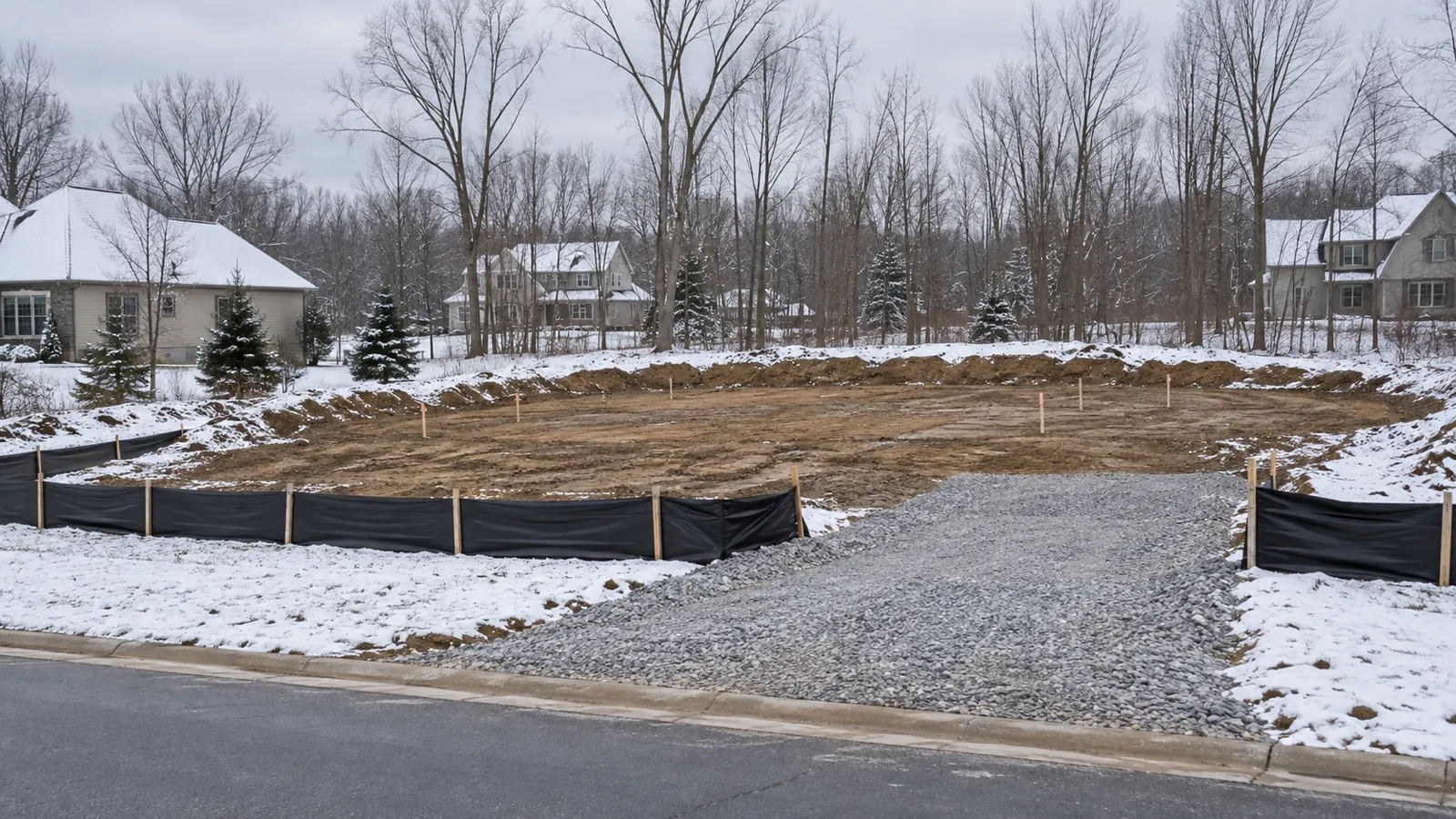 Cleared building lot with silt fence, a stone construction entrance, and corner stakes in early-winter snow