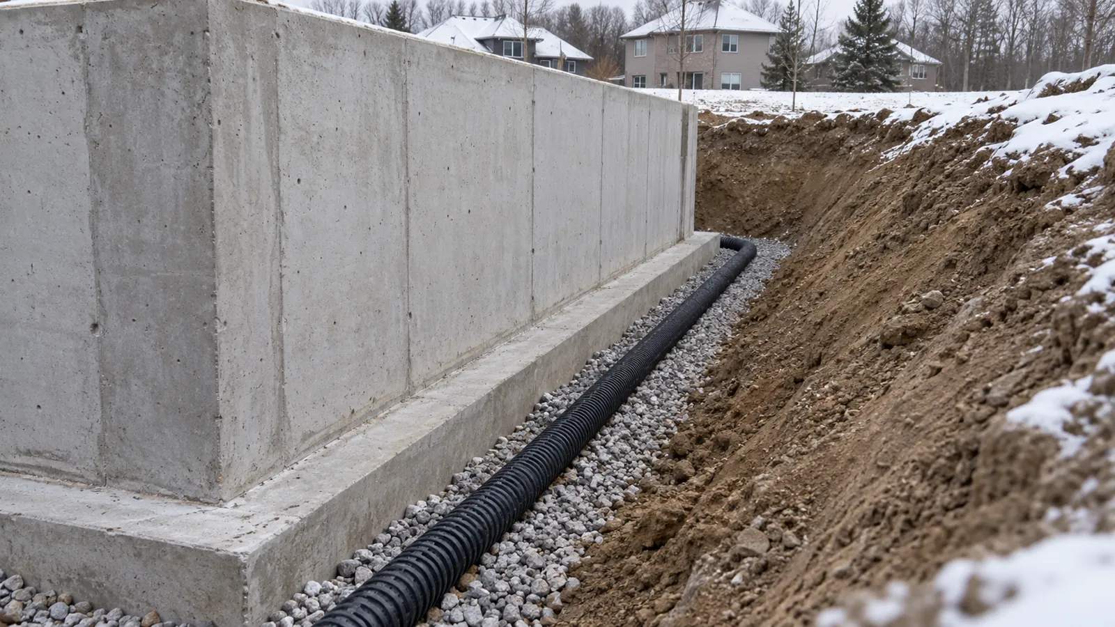 Perforated drain tile in washed stone along the footing of a new foundation wall in early-winter snow