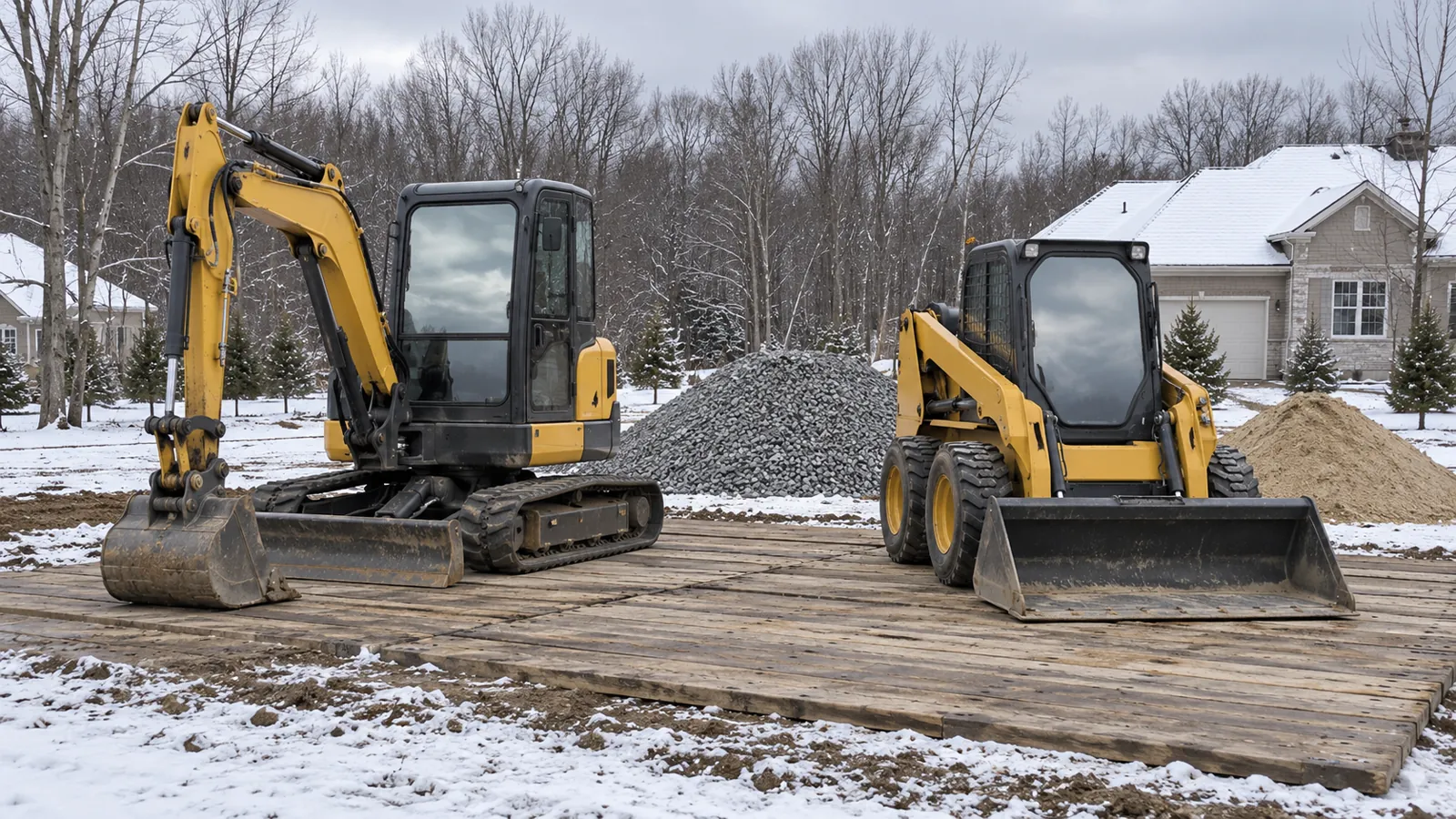 Compact excavator and skid steer parked on timber mats beside stone and sand piles in early-winter snow
