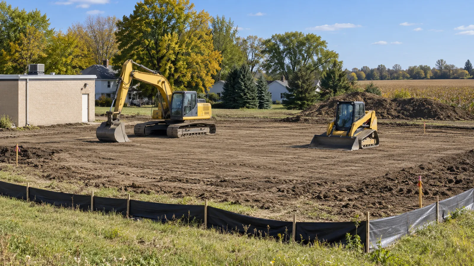 Excavator and track loader shaping a large building pad behind a small commercial building on a sunny early-fall day