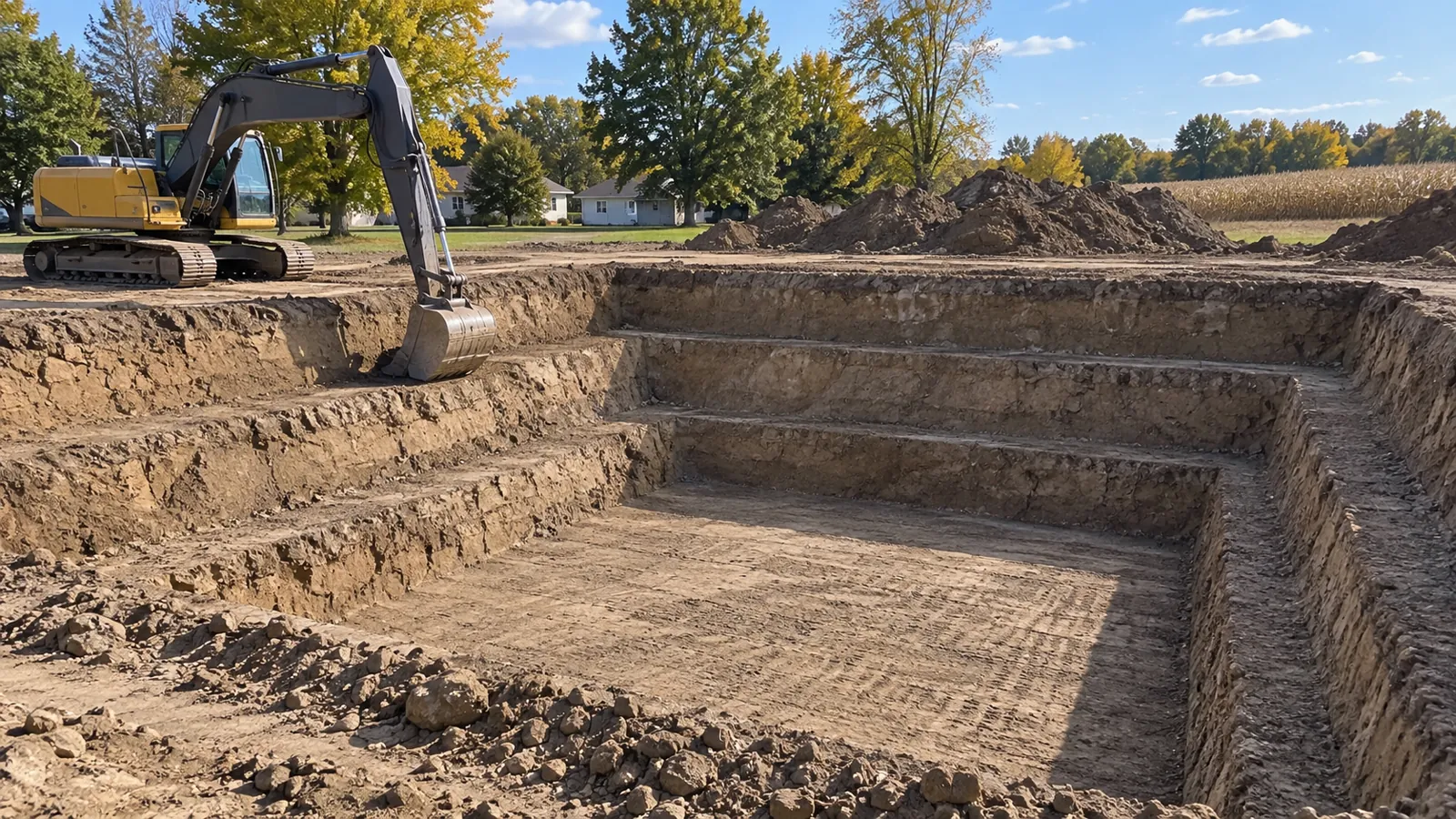 Excavator digging a basement for a new house with spoil set back from the edge on a sunny early-fall day