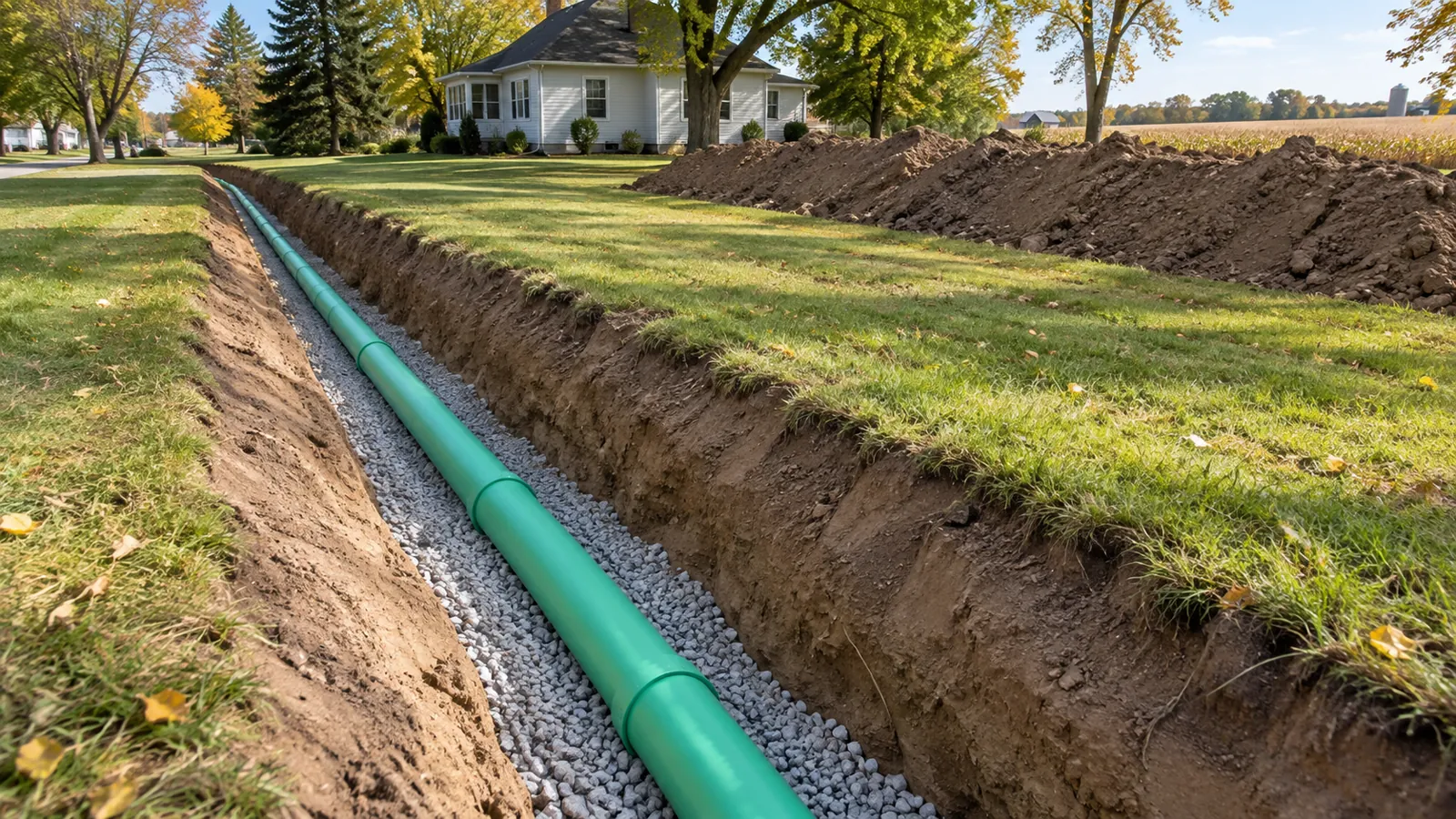 Open trench with sewer pipe on crushed-stone bedding across a yard on a sunny early-fall day