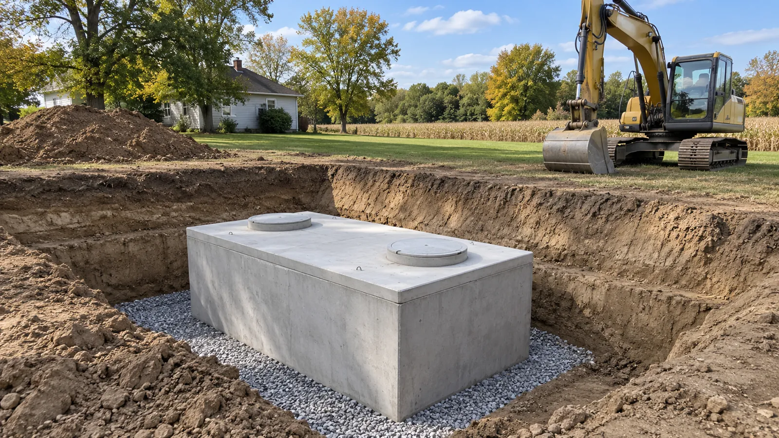 New precast septic tank set level in a neat excavation beside a parked excavator on a sunny early-fall day