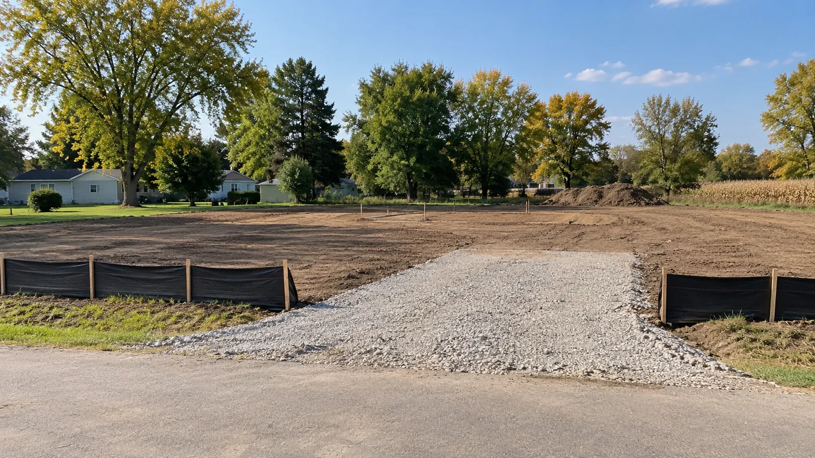 Cleared building lot with silt fence, a stone construction entrance, and corner stakes on a sunny early-fall day