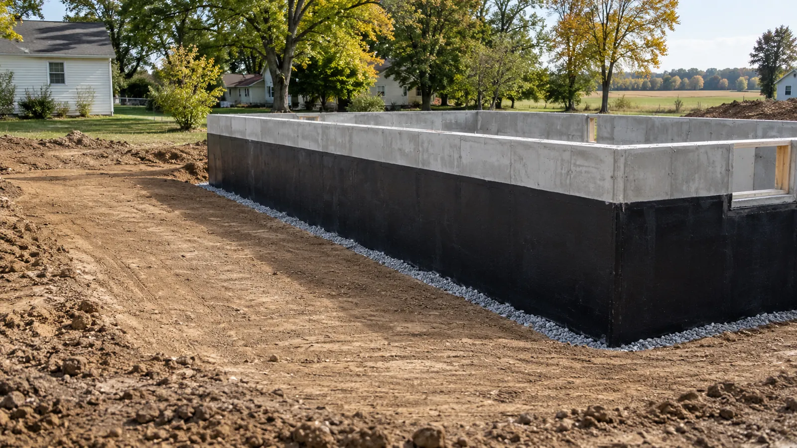 New basement wall with waterproofing and drainage stone at its base, ready for backfill on a sunny early-fall day