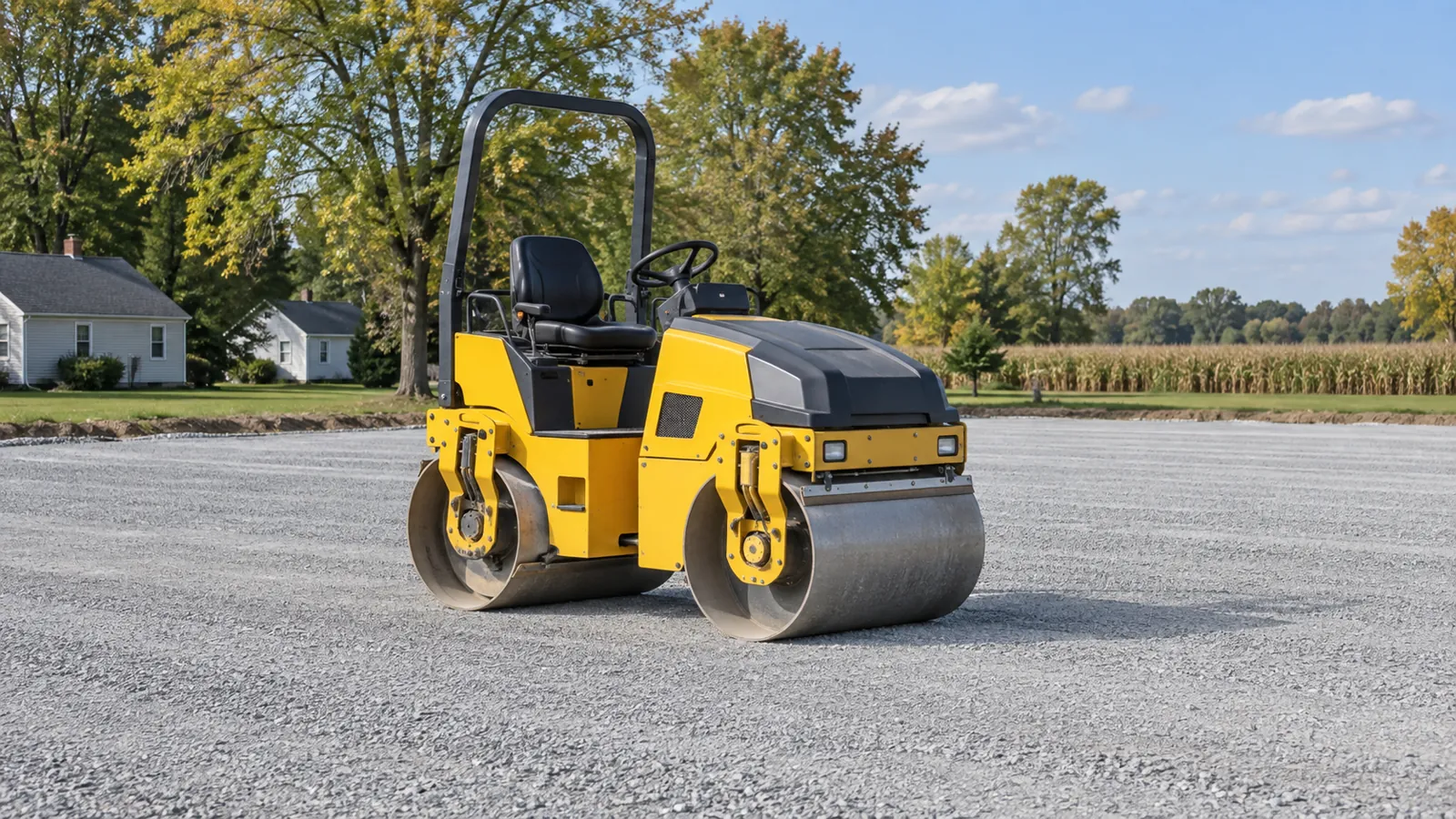 Small roller compacting a crushed stone layer on a level building pad on a sunny early-fall day