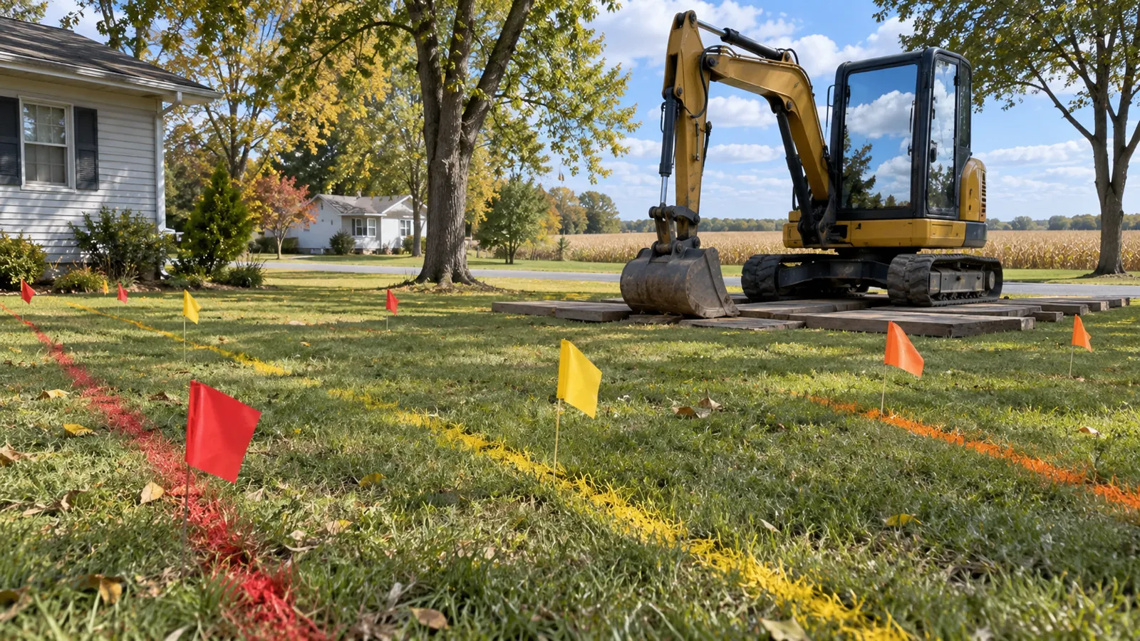 Utility locate flags and paint marks on a lawn with a compact excavator parked behind on a sunny early-fall day