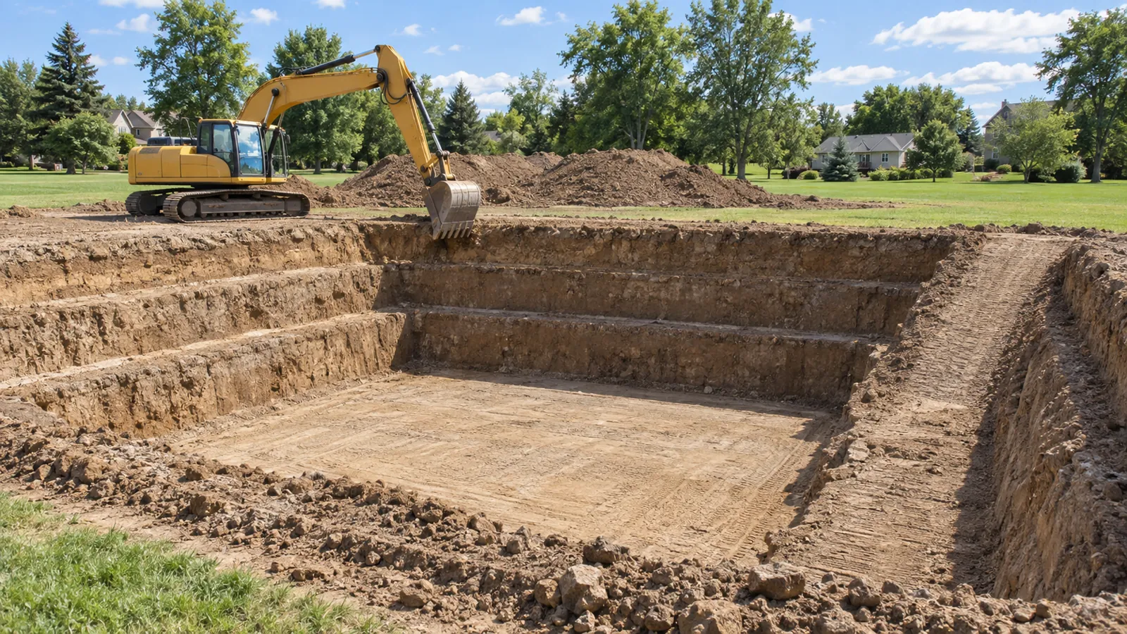 Excavator digging a basement for a new house with spoil set back from the edge in midsummer