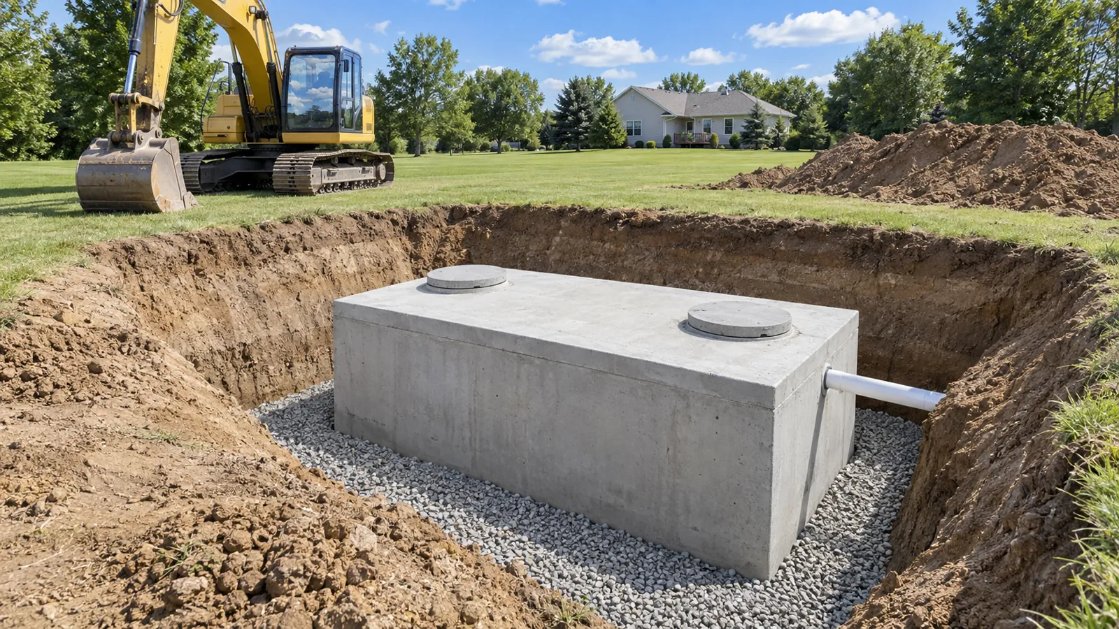 New precast septic tank set level in a neat excavation beside a parked excavator in midsummer