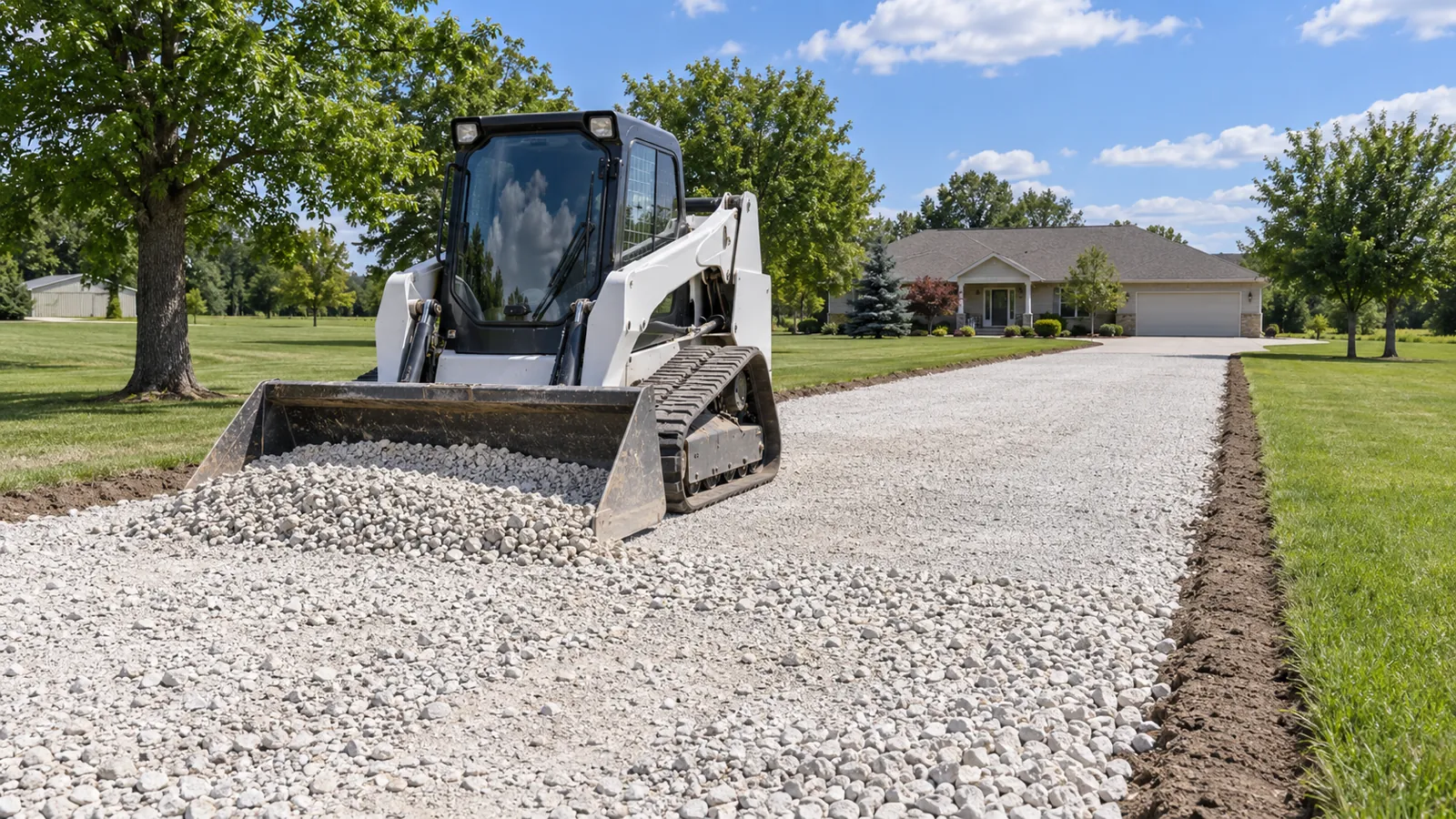 Compact track loader spreading crushed stone for a new gravel driveway base in midsummer