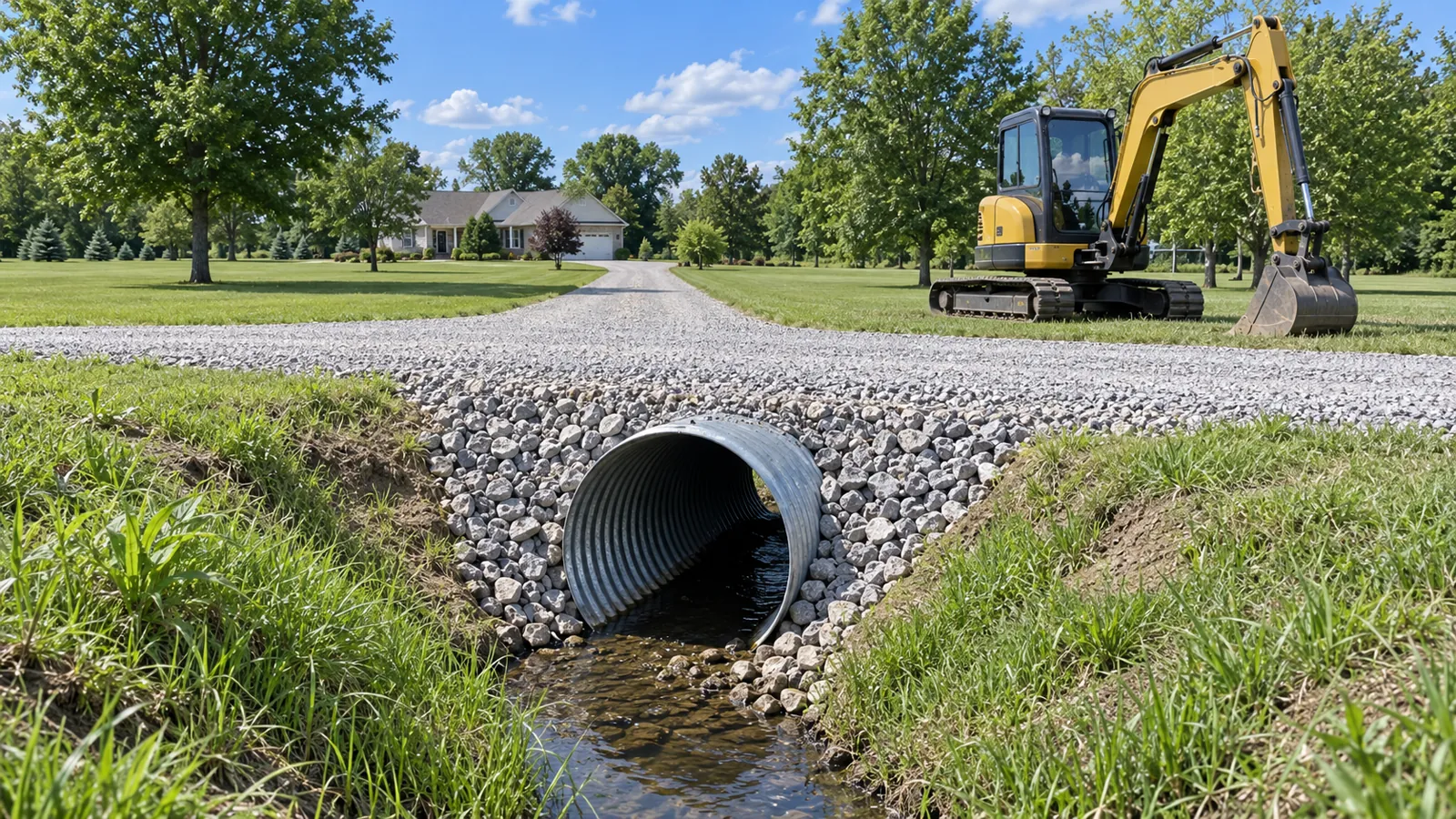 Culvert pipe set in a roadside ditch under a new gravel driveway approach in midsummer