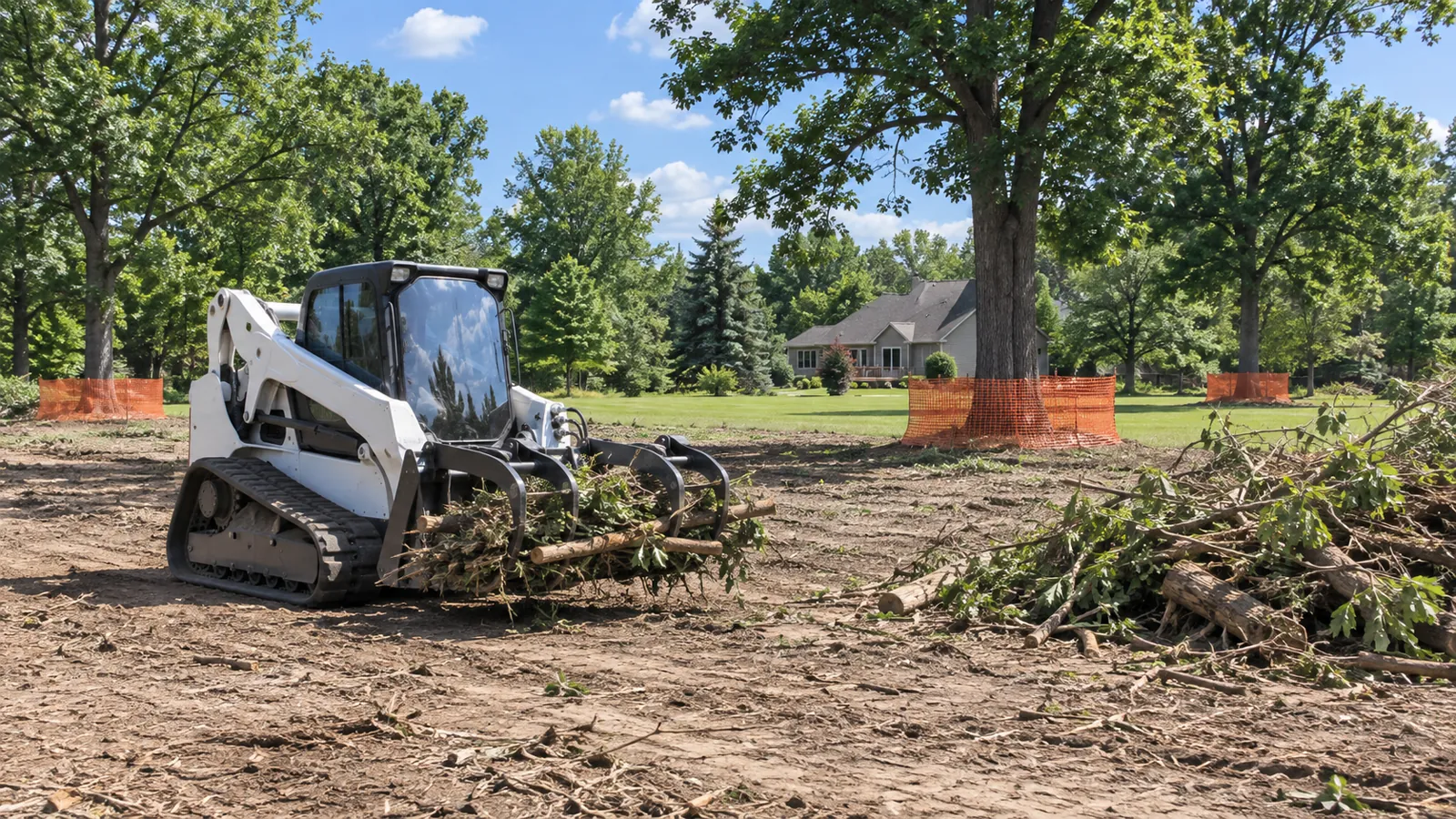 Track loader with a grapple piling cut brush on a partly cleared lot with trees protected in midsummer