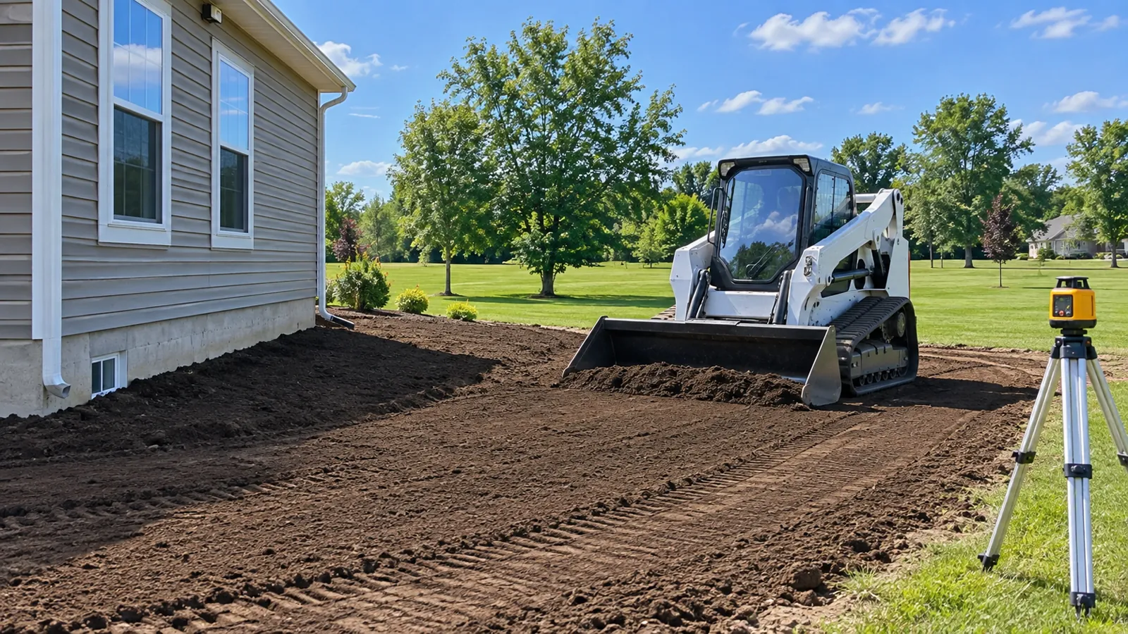 Compact track loader leveling topsoil so the yard slopes away from a new house in midsummer