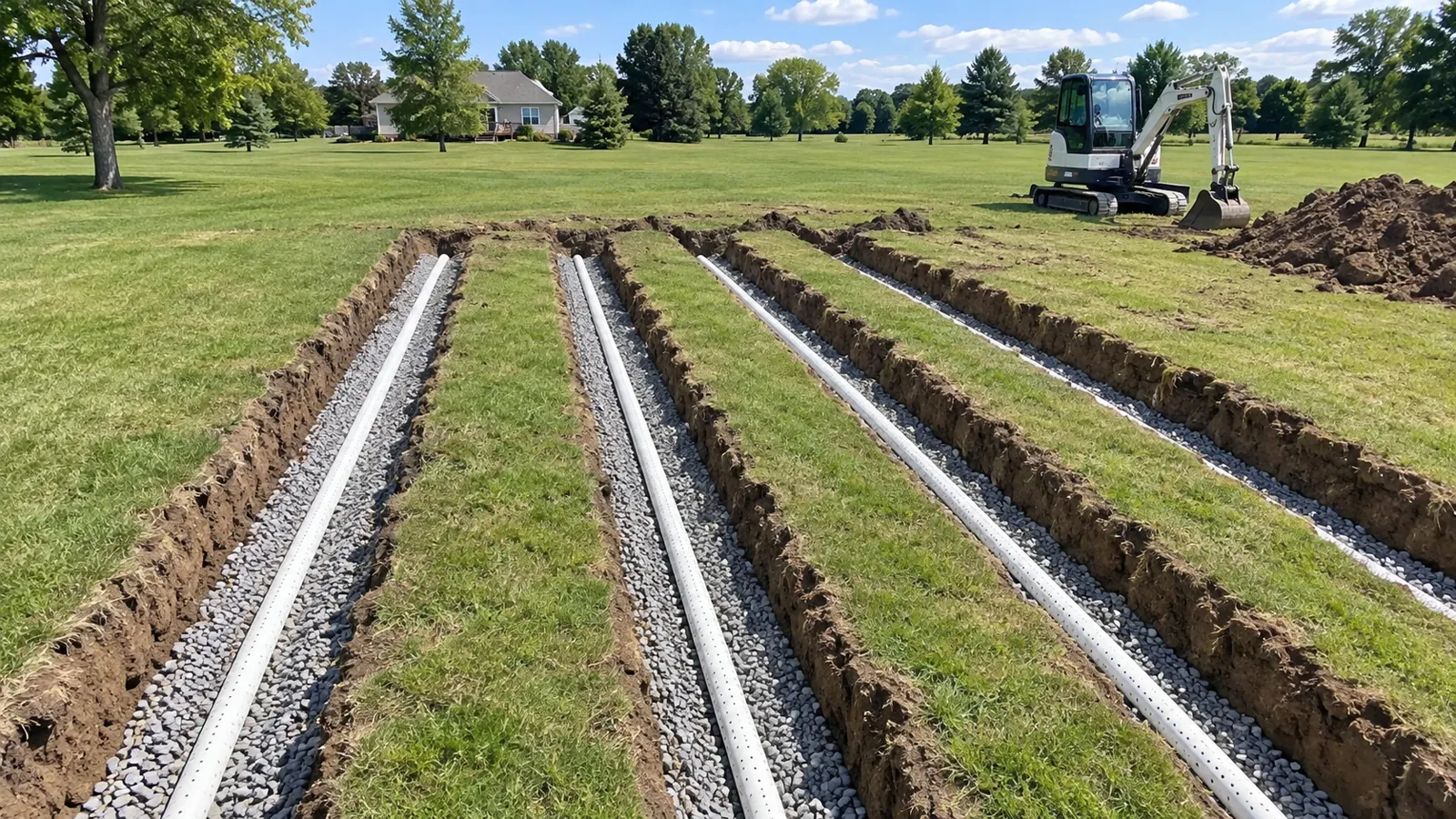Parallel drain field trenches with clean stone and perforated pipe on an open lawn in midsummer