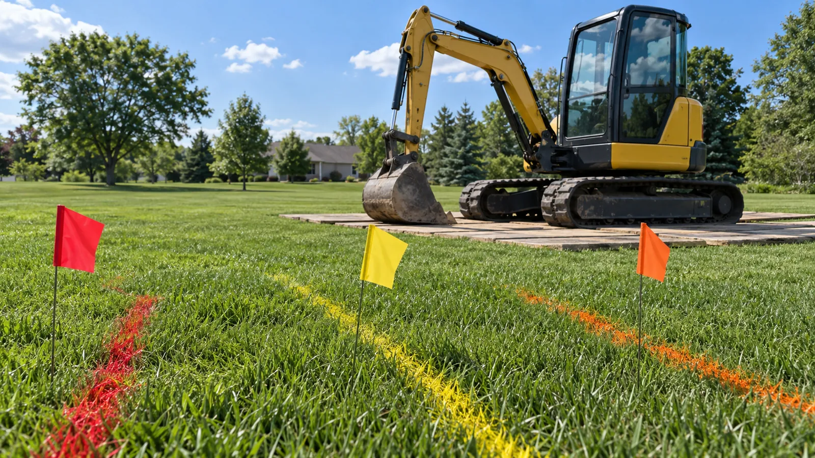 Utility locate flags and paint marks on a lawn with a compact excavator parked behind in midsummer