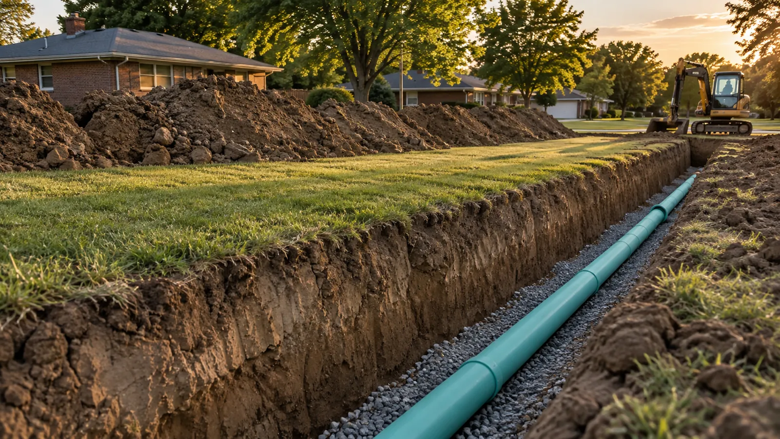 Open trench with sewer pipe on crushed-stone bedding across a yard in warm evening light
