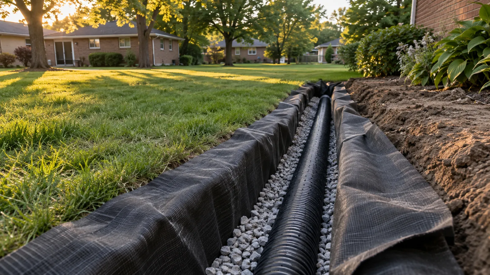 Shallow trench with perforated drain pipe in washed gravel and filter fabric in warm evening light