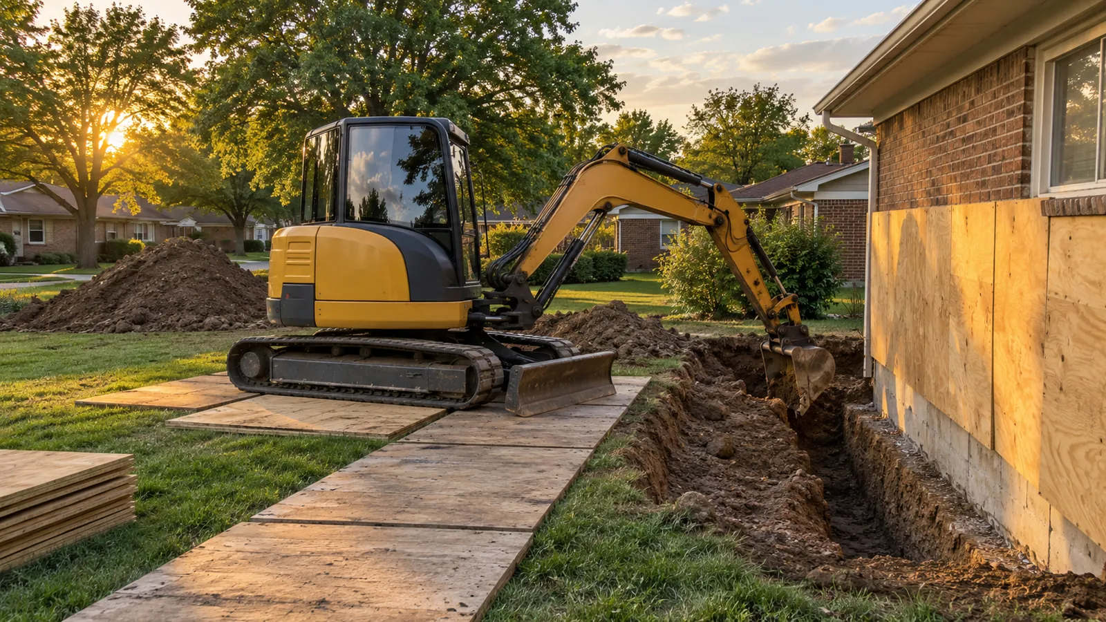 Compact excavator digging footings beside an existing home on ground protection mats in warm evening light