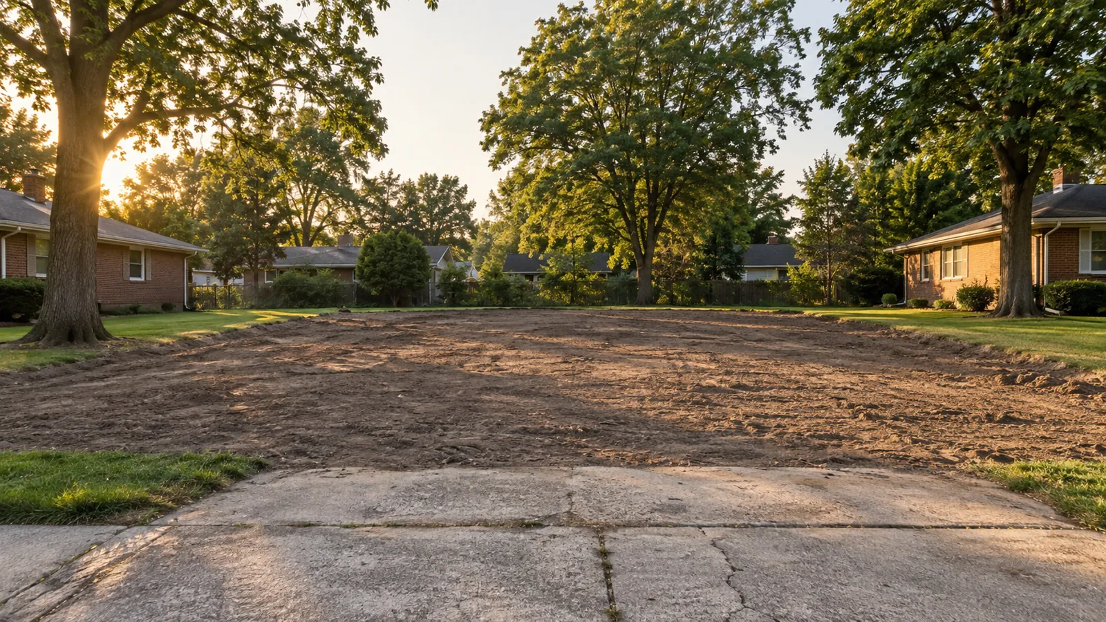 Rough-graded lot with fresh fill where an old house was removed in warm evening light