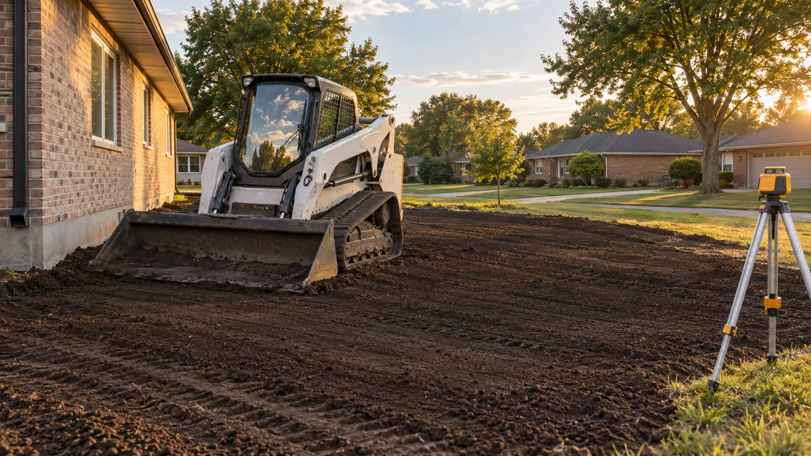 Compact track loader leveling topsoil so the yard slopes away from a new house in warm evening light