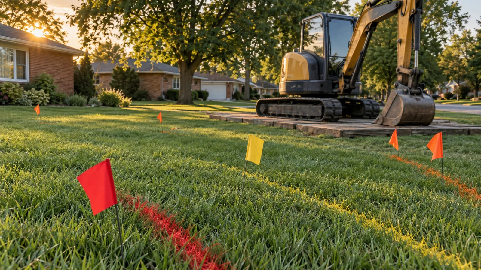 Utility locate flags and paint marks on a lawn with a compact excavator parked behind in warm evening light