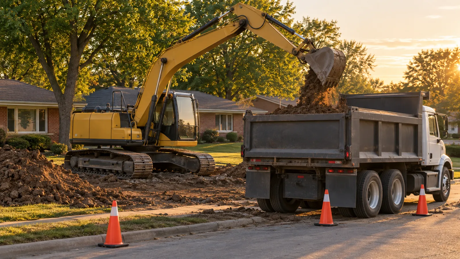 Excavator loading excavated soil into a plain dump truck beside a residential lot in warm evening light
