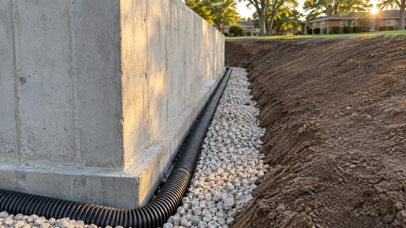 Perforated drain tile in washed stone along the footing of a new foundation wall in warm evening light