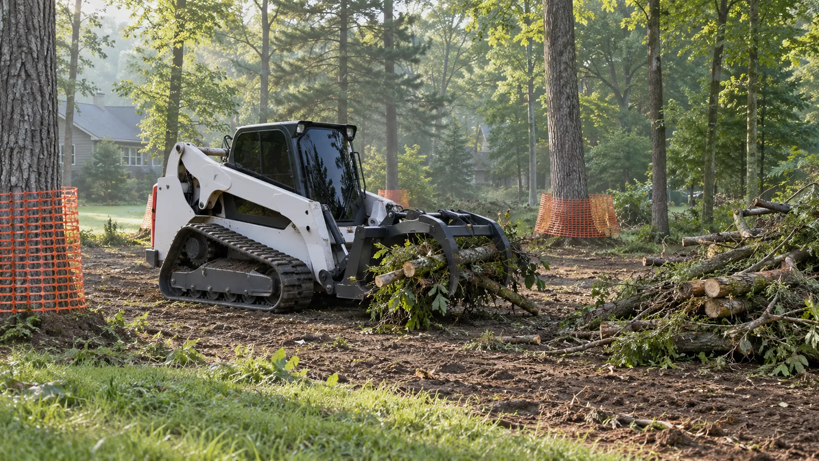 Track loader with a grapple piling cut brush on a partly cleared lot with trees protected on a misty summer morning