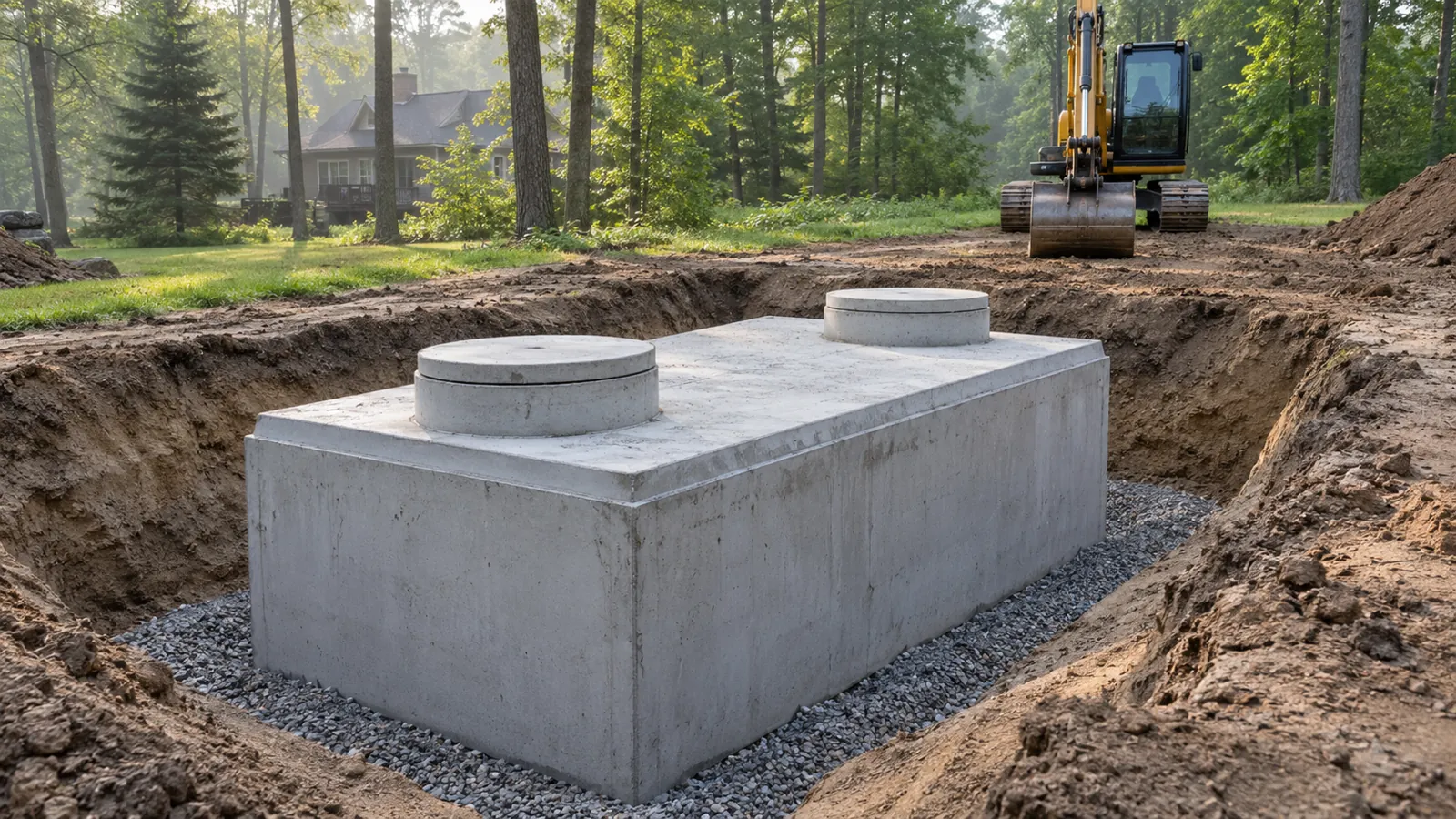 New precast septic tank set level in a neat excavation beside a parked excavator on a misty summer morning