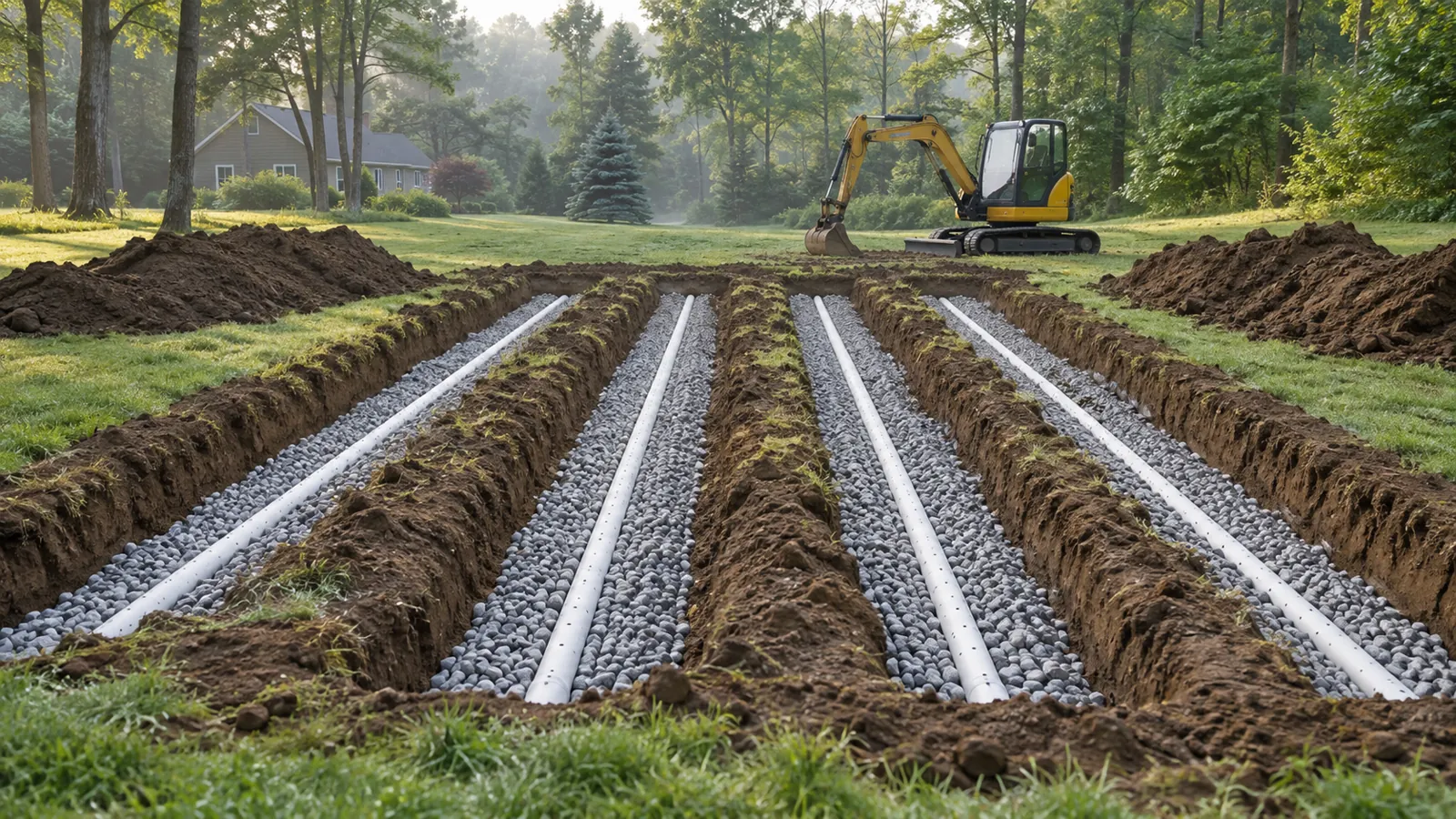 Parallel drain field trenches with clean stone and perforated pipe on an open lawn on a misty summer morning