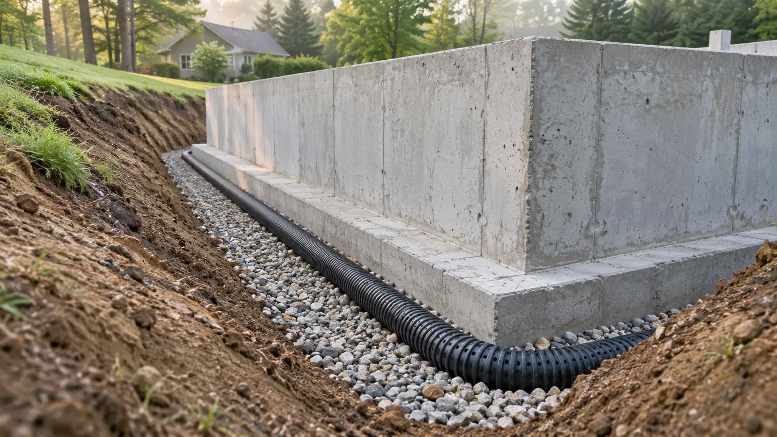 Perforated drain tile in washed stone along the footing of a new foundation wall on a misty summer morning