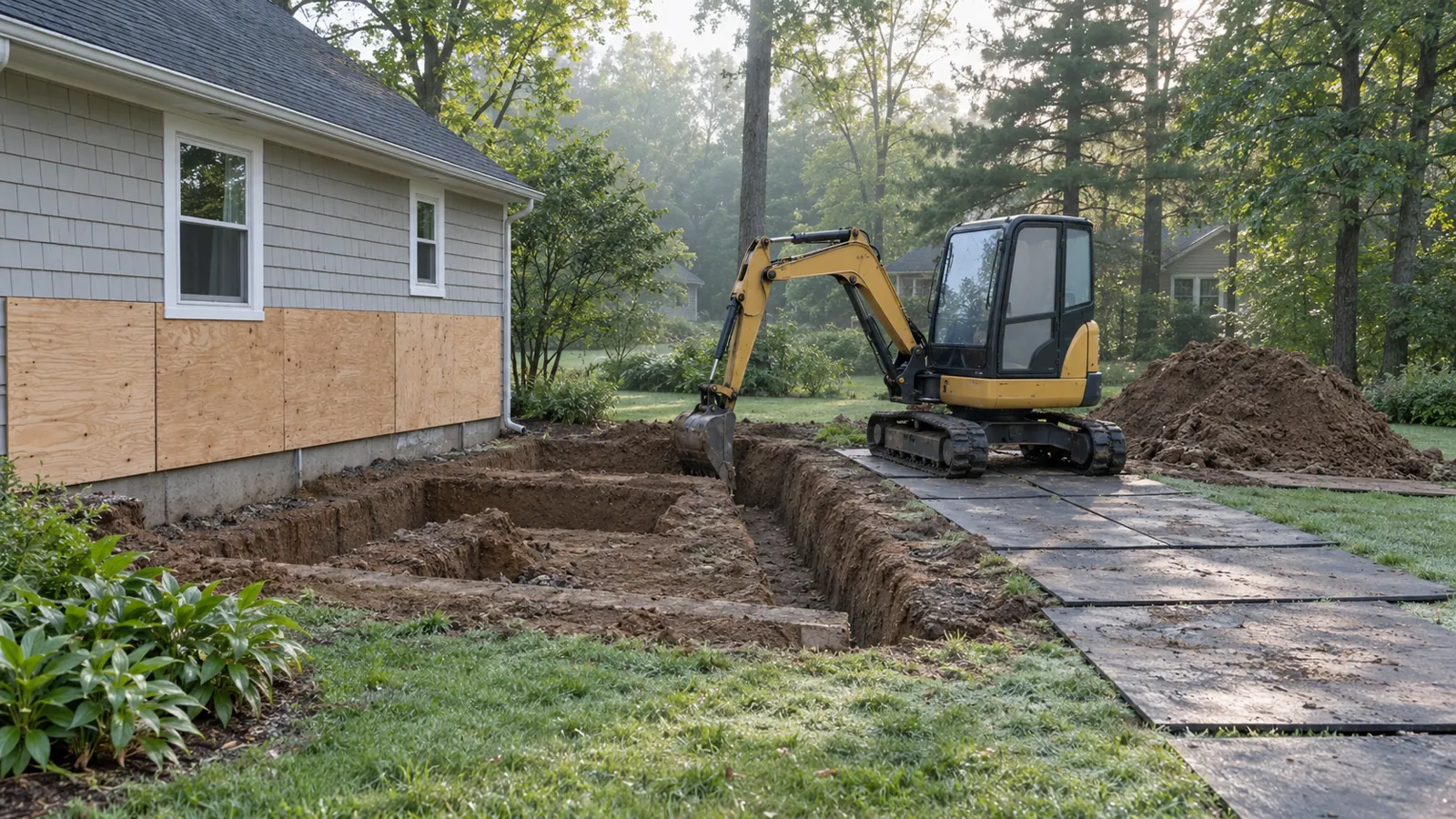 Compact excavator digging footings beside an existing home on ground protection mats on a misty summer morning