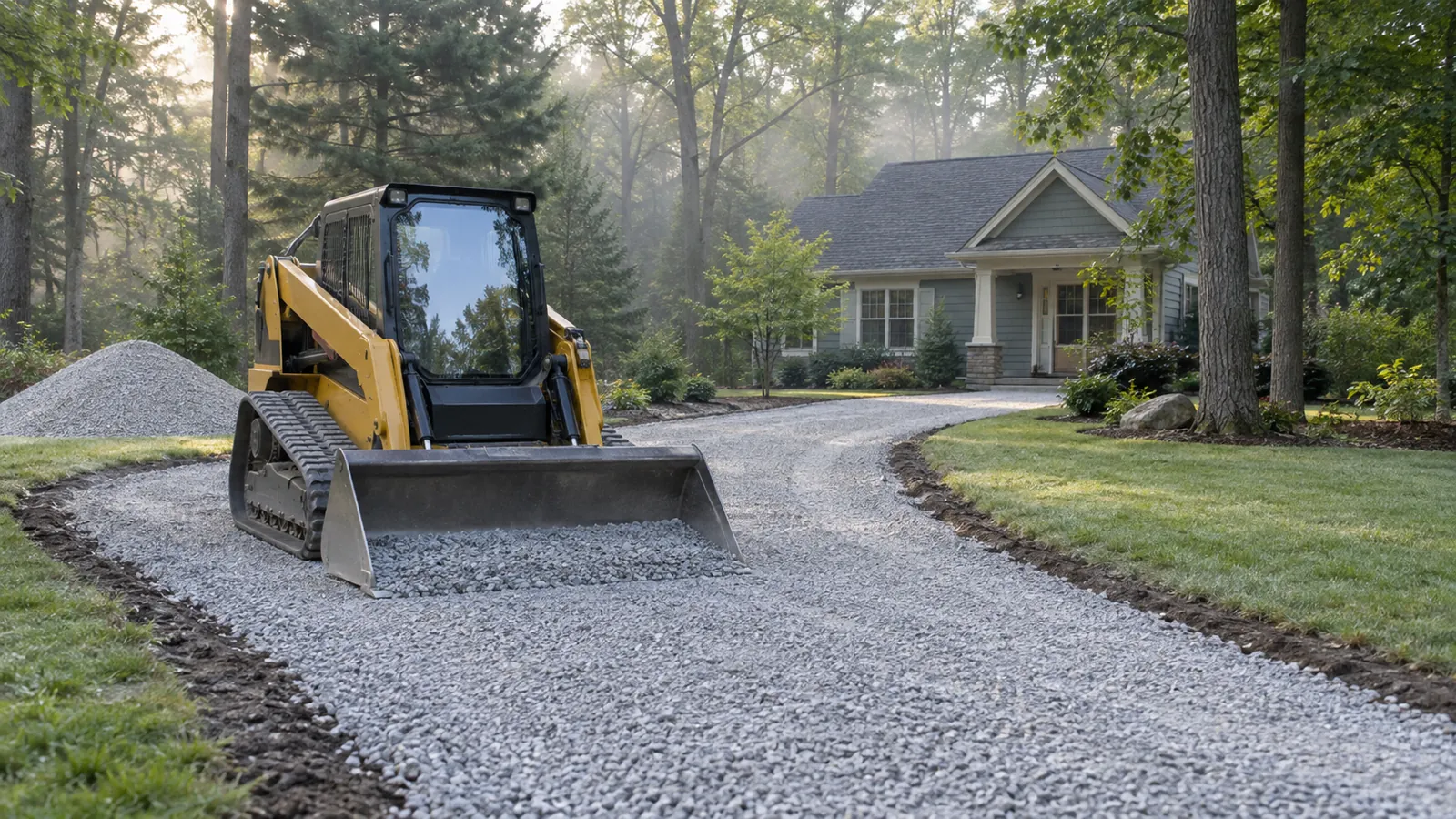 Compact track loader spreading crushed stone for a new gravel driveway base on a misty summer morning