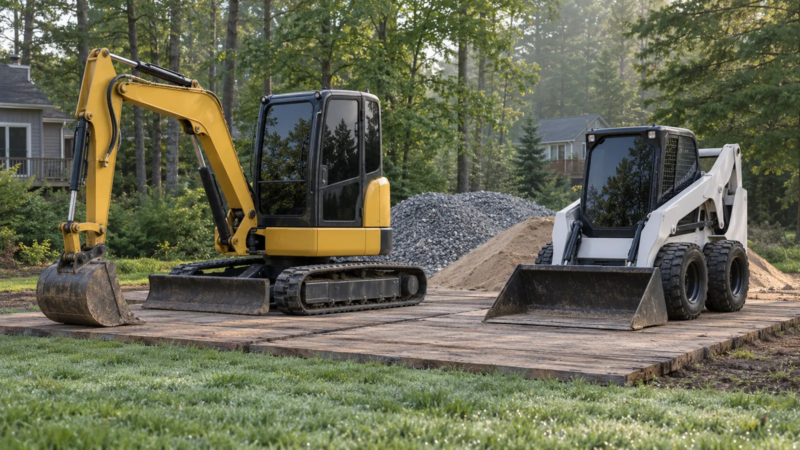 Compact excavator and skid steer parked on timber mats beside stone and sand piles on a misty summer morning