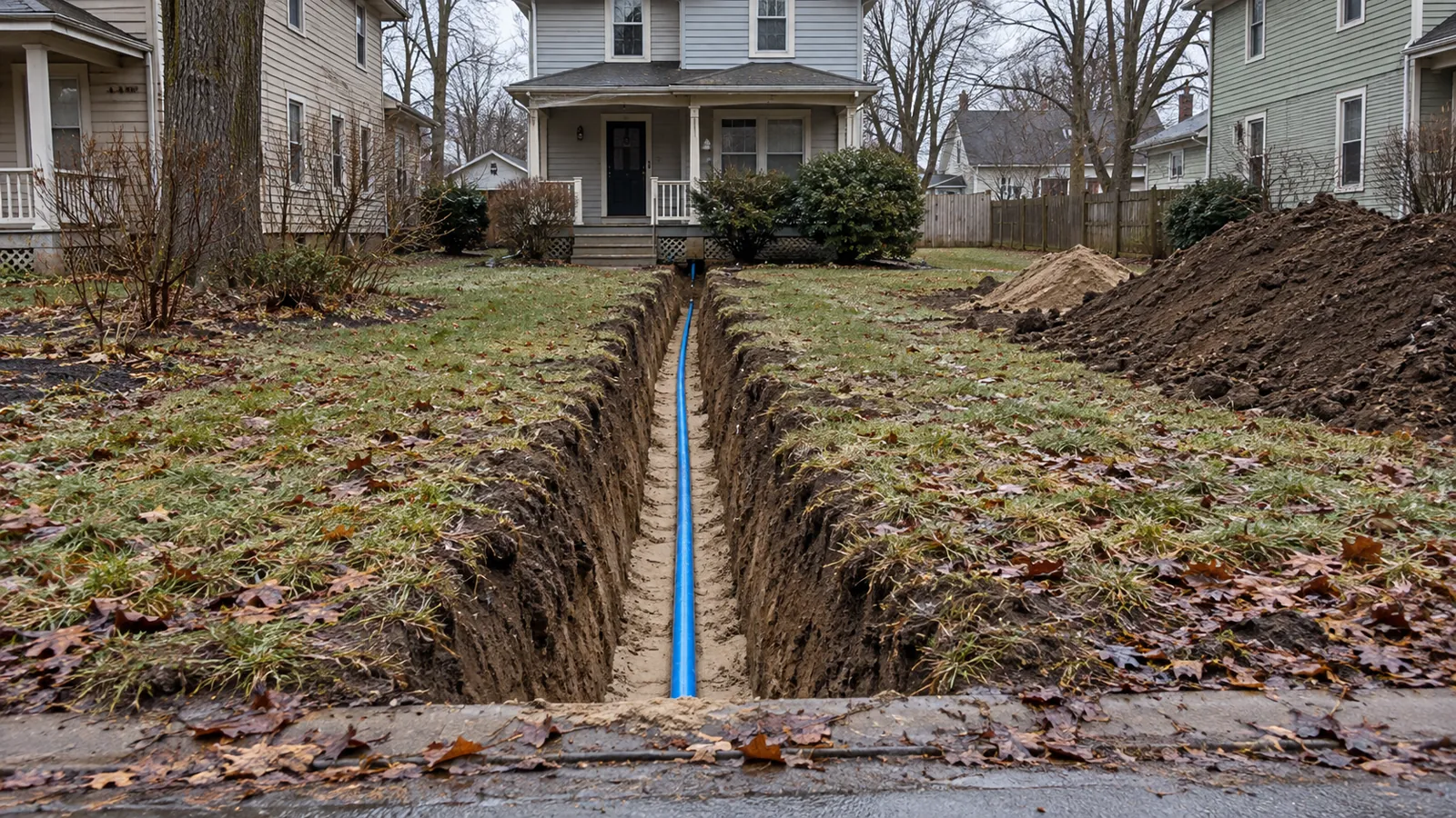 Narrow trench with blue water service pipe on sand bedding running toward a house on an overcast late-fall day