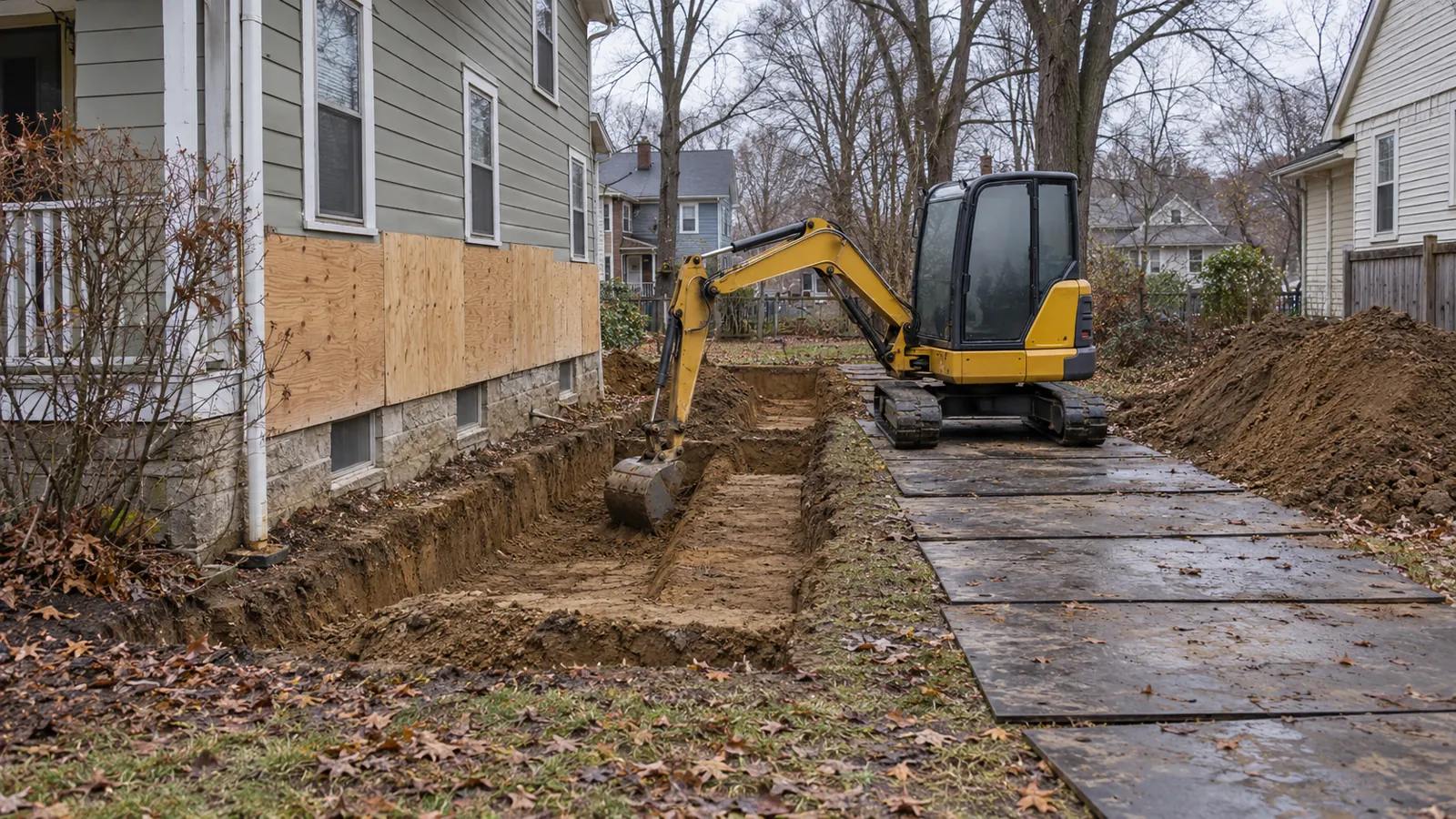 Compact excavator digging footings beside an existing home on ground protection mats on an overcast late-fall day
