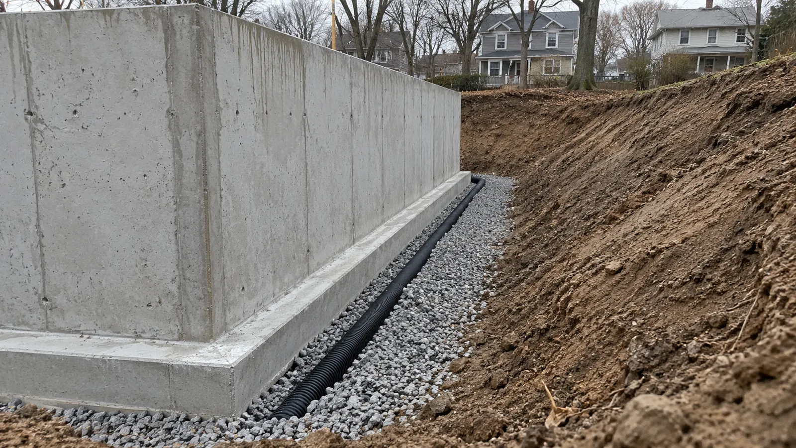 Perforated drain tile in washed stone along the footing of a new foundation wall on an overcast late-fall day