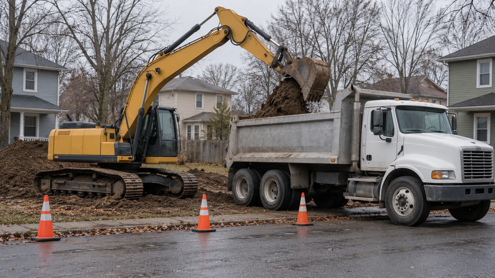 Excavator loading excavated soil into a plain dump truck beside a residential lot on an overcast late-fall day