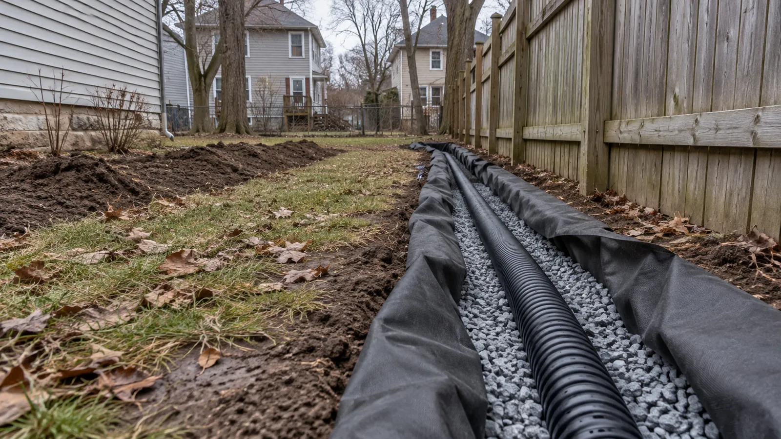 Shallow trench with perforated drain pipe in washed gravel and filter fabric on an overcast late-fall day