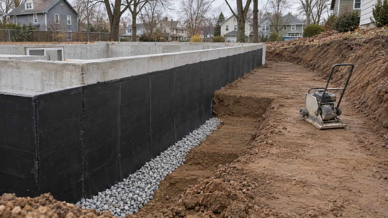 New basement wall with drainage stone and soil placed against it in compacted layers on an overcast late-fall day