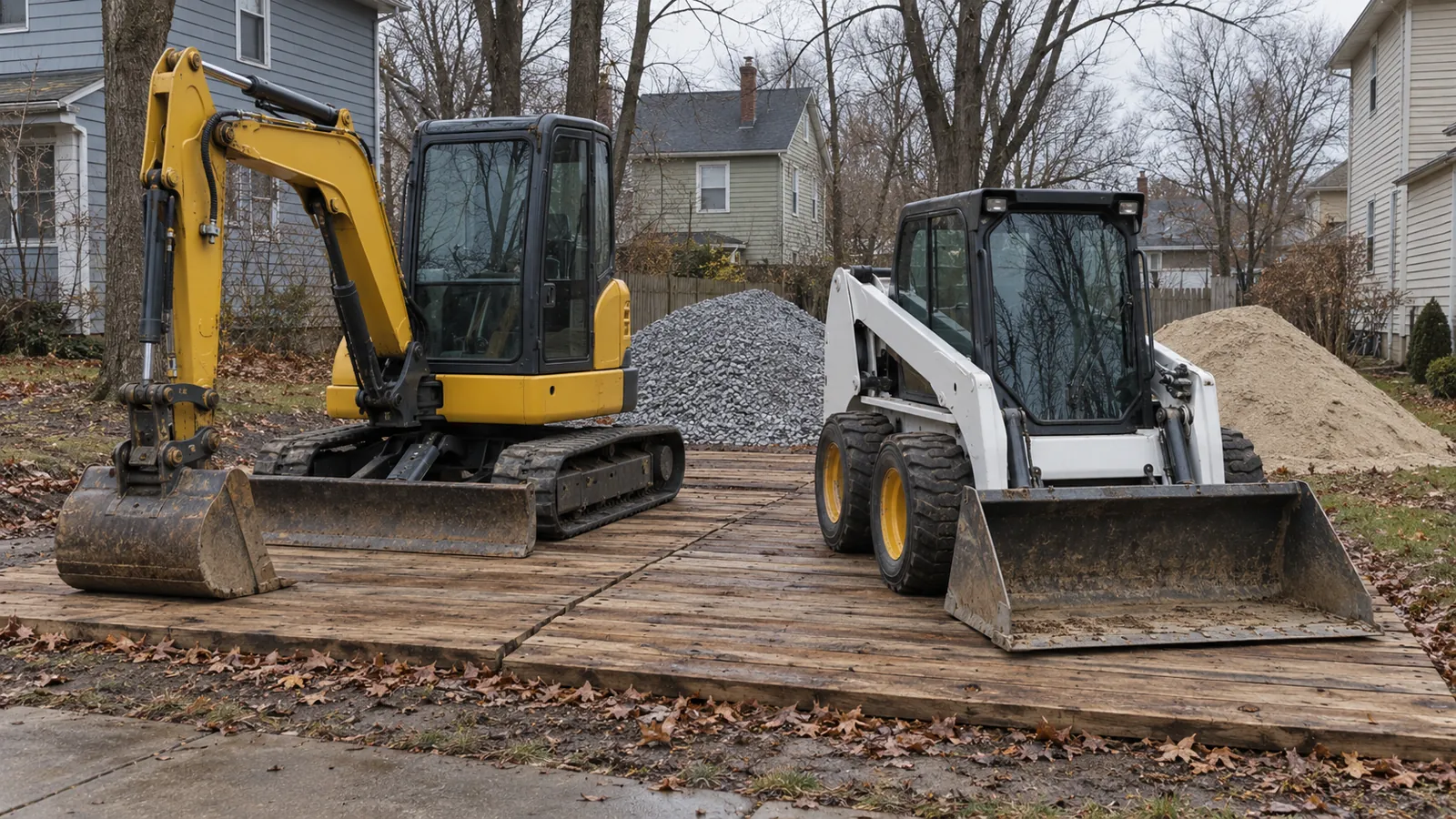 Compact excavator and skid steer parked on timber mats beside stone and sand piles on an overcast late-fall day
